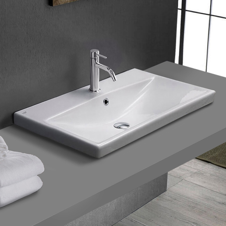 CeraStyle 032000-U/D-One Hole Drop In Bathroom Sink, White Ceramic, Rectangular